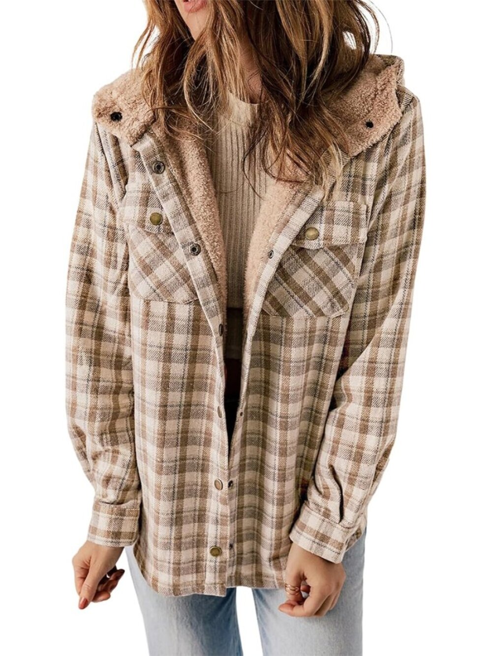 Women’s Khaki Plaid Fleece Hooded Shacket Warm Sherpa Flannel Winter Jacket